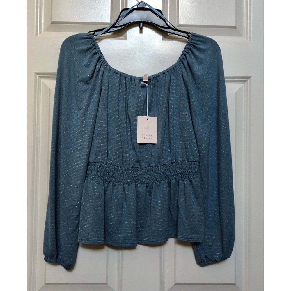 LC Lauren Conrad TOP BLOUSE WOMEN'S SIZE XS SCRUB BLUE PEPLUM SHIRRED WAITS 102